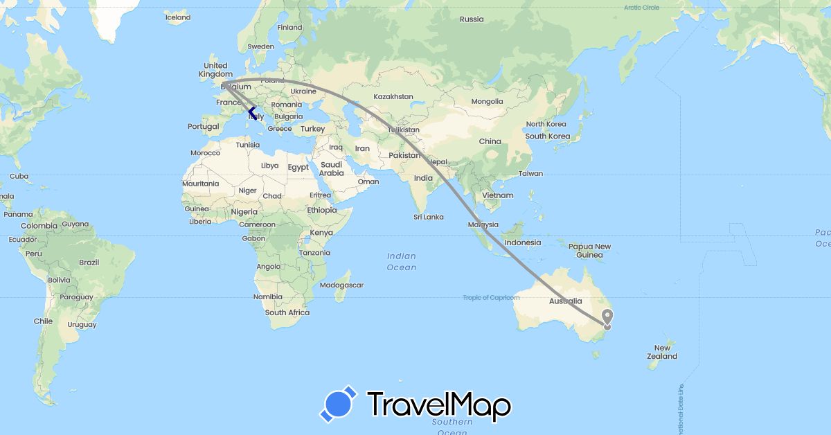 TravelMap itinerary: driving, plane in Australia, United Kingdom, Italy, Singapore (Asia, Europe, Oceania)